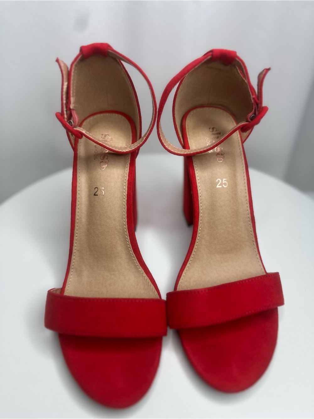Shasa Red Faux Suede Ankle Strap Block Heel Sandals Size MX 25 US 8(SH126)